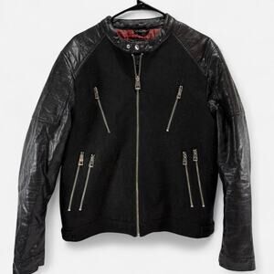 Guess Wool Leather Moto Biker Jacket Men XL Black Quilted Zip Y2K Punk
